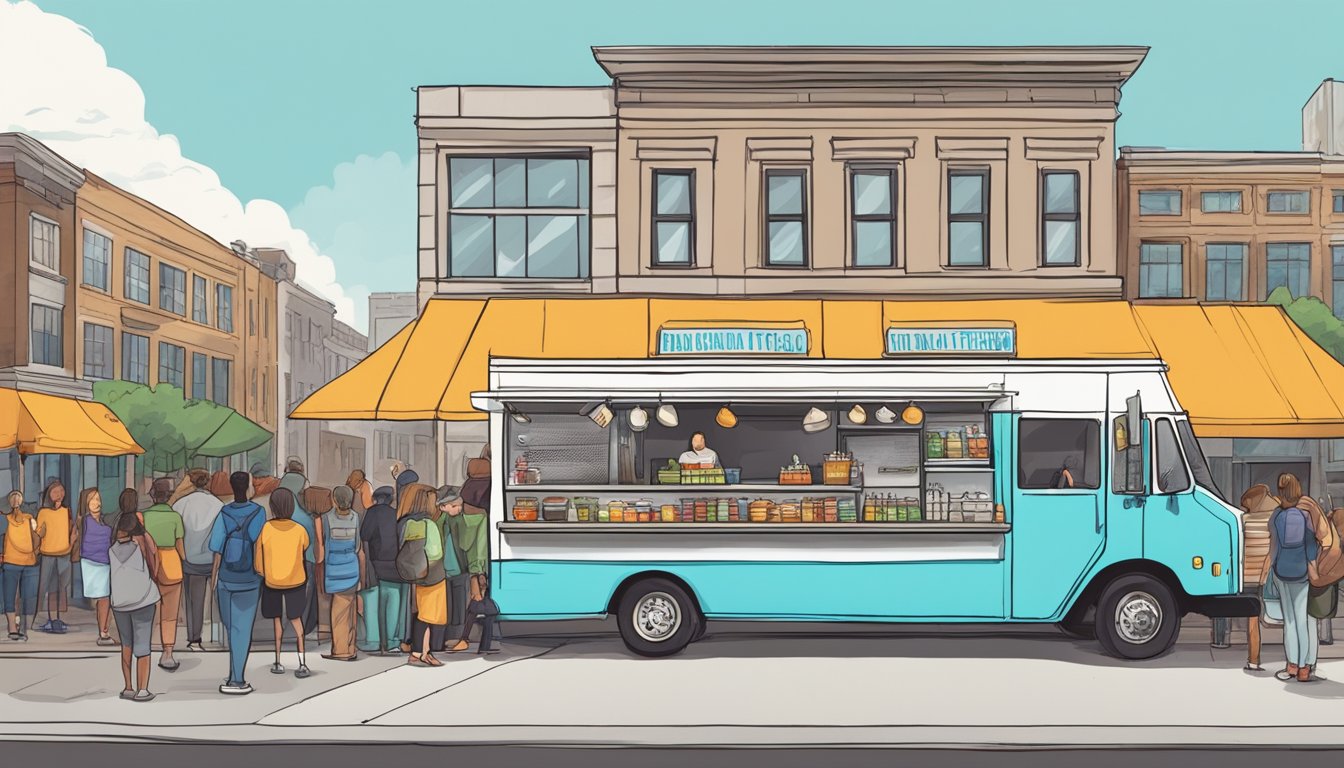 A food truck parked on a city street, surrounded by customers and complying with Minnesota food truck laws