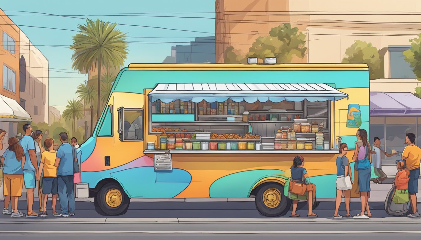 A colorful food truck parked on a bustling street in Bakersfield, California, with a line of customers waiting to order