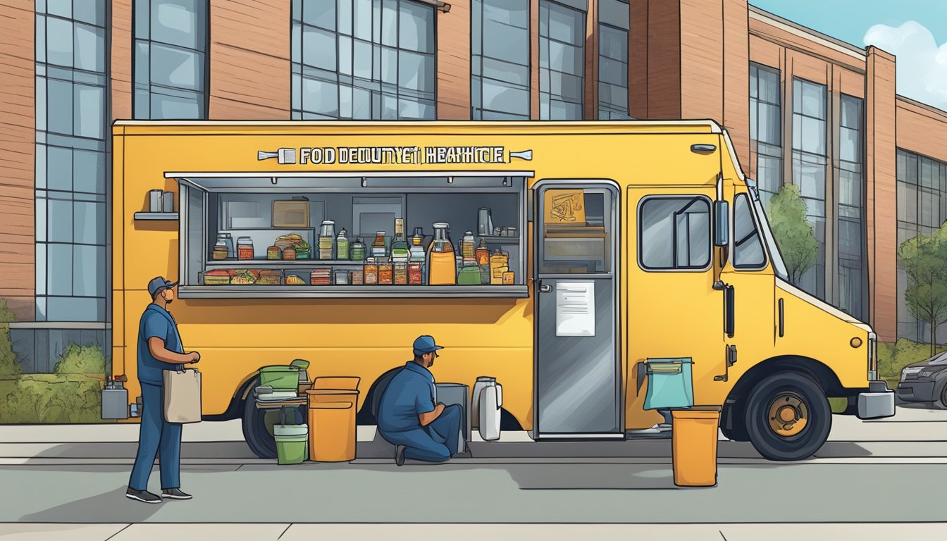 A food truck parked outside a county health department building, with officials inspecting the vehicle and discussing local food safety laws in Minnesota