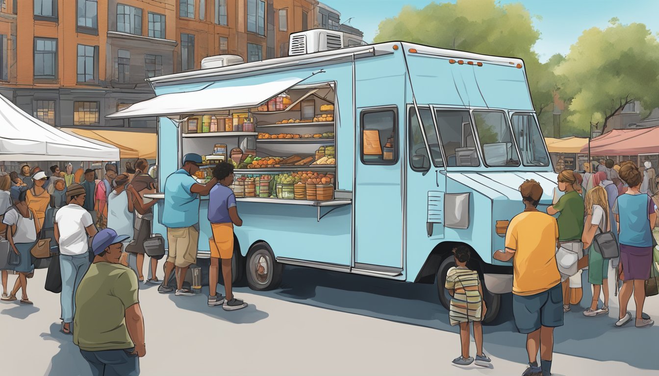 A food truck parked at a bustling market, surrounded by vendors and visitors. The truck displays a sign indicating compliance with Minnesota's special event and market participation laws