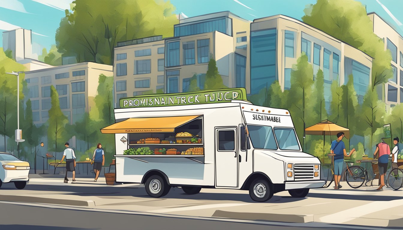 A food truck parked on a bustling urban street, surrounded by greenery and solar panels, with a sign displaying "Sustainable Food Truck Business" prominently