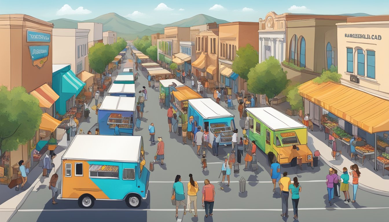 A bustling street in Bakersfield, California, with colorful food trucks lined up, adhering to operational guidelines and local food truck laws