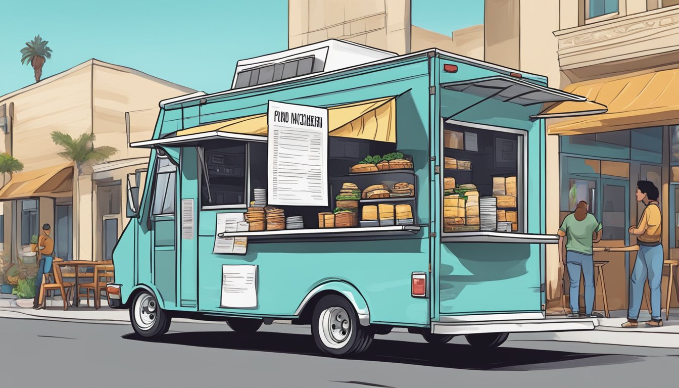 A food truck parked on a busy street in Bakersfield, California, with a sign displaying financial and tax information