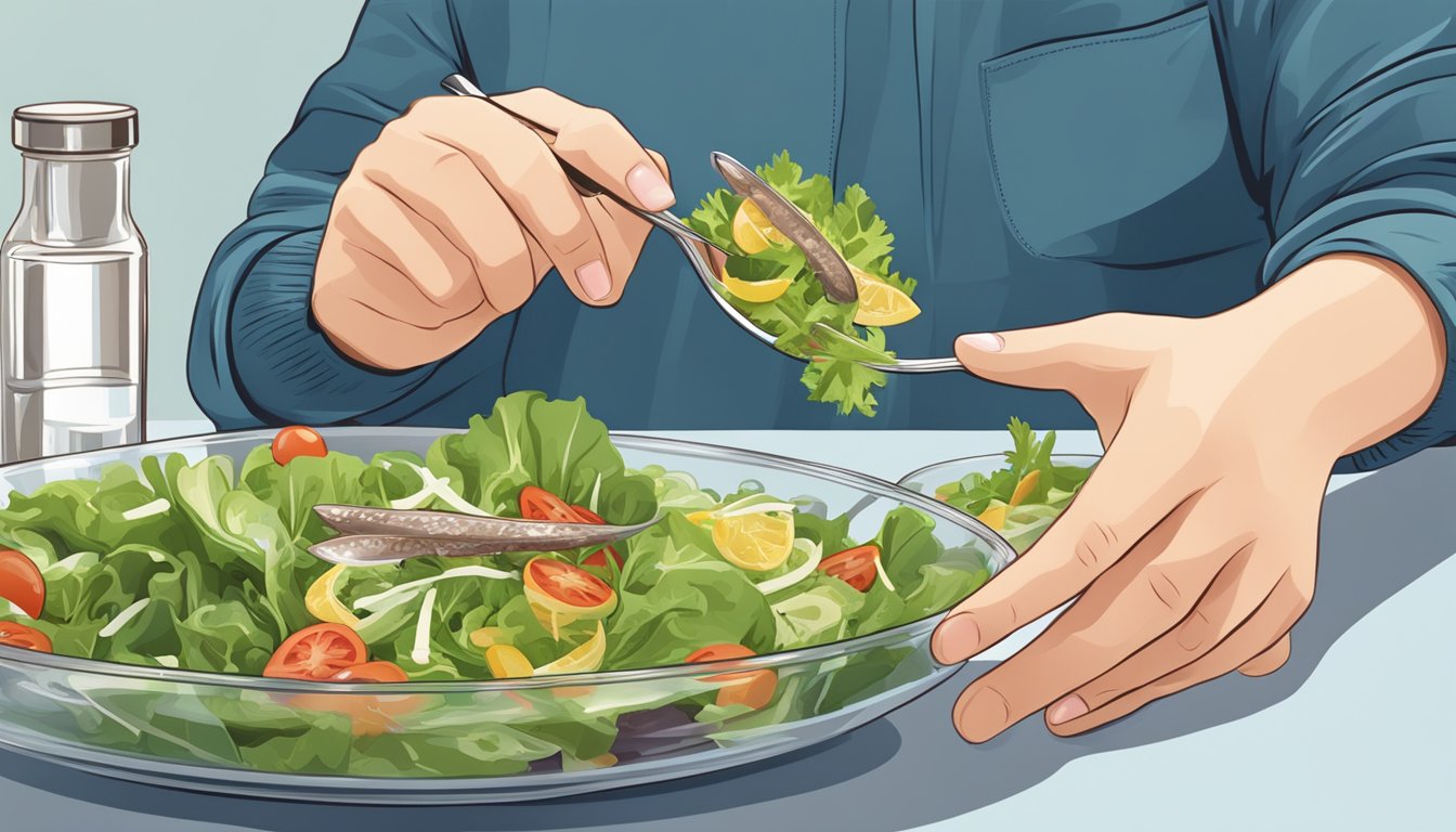 A person with diabetes enjoying a salad with anchovies, checking their blood sugar level