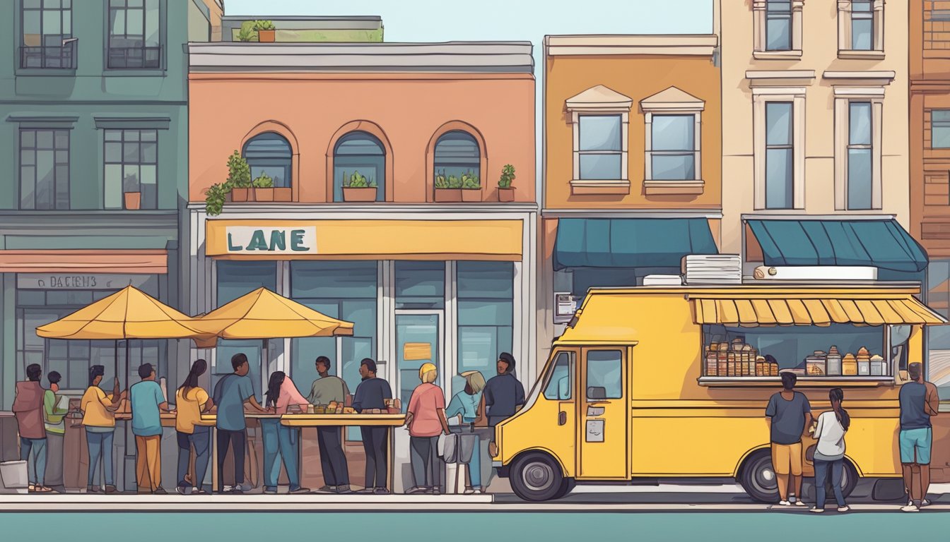 A line of food trucks parked on a city street, with customers waiting in line and vendors serving up a variety of cuisines