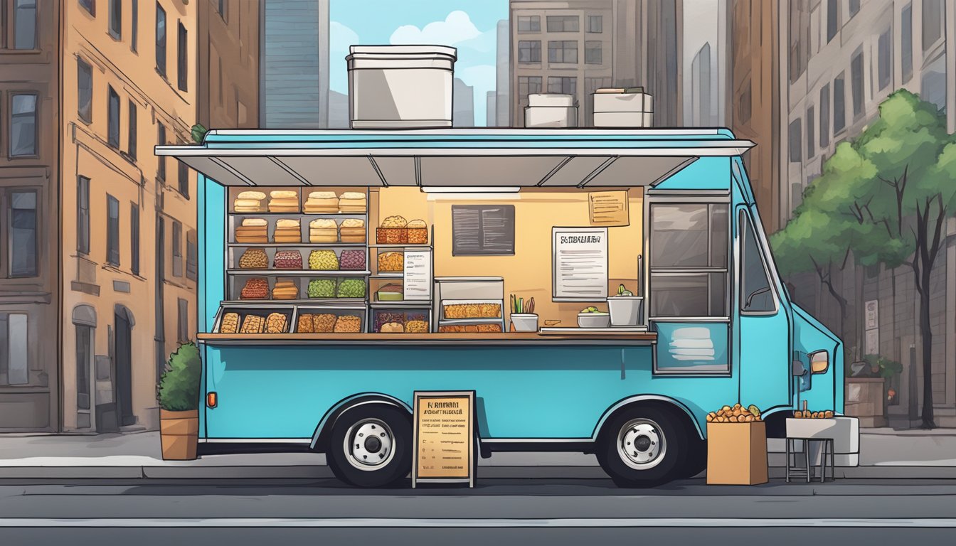 A food truck parked on a city street, with a checklist of regulations displayed prominently. A city skyline is visible in the background