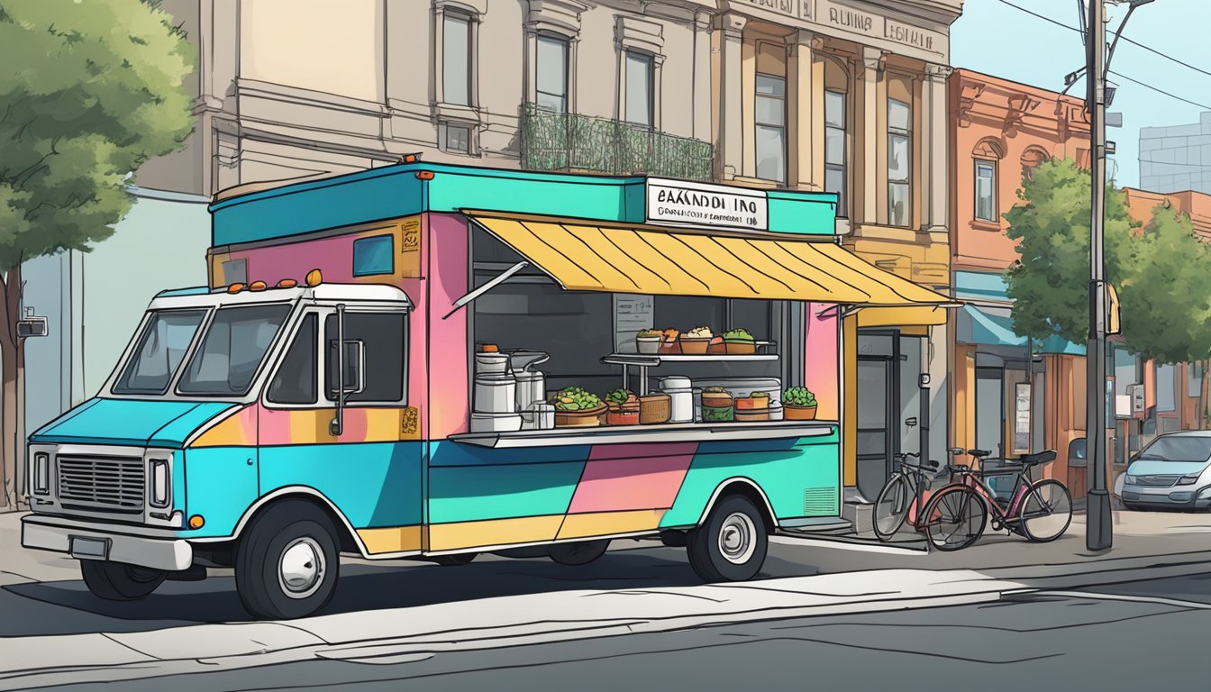 A food truck parked on a city street, surrounded by signs indicating zoning laws and regulations for operating in Oakland, California