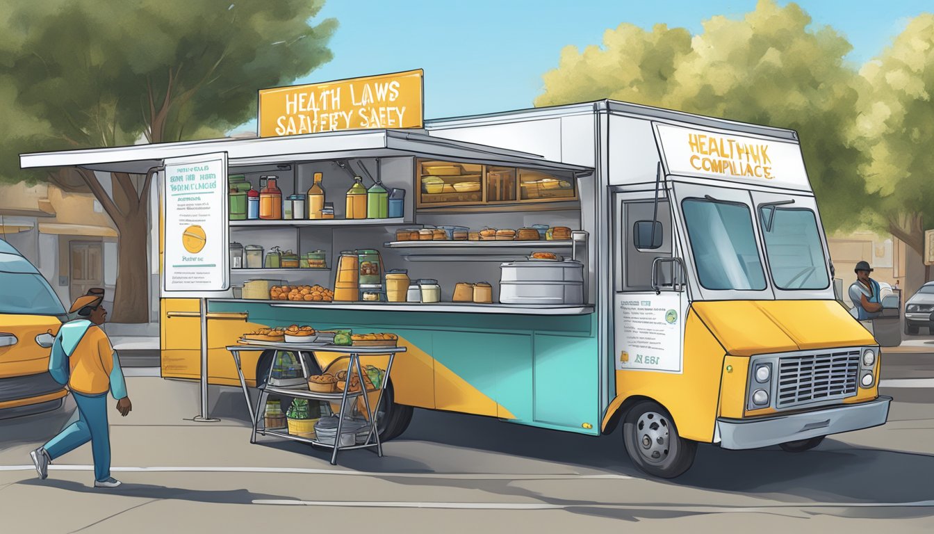 A food truck parked in Oakland, California, displaying health and safety compliance signage in accordance with local laws