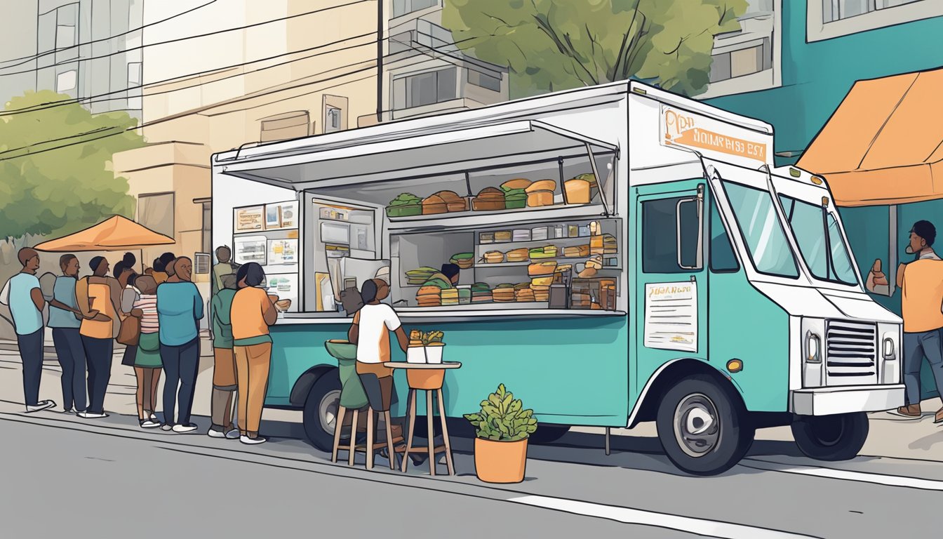 A food truck parked on a busy street in Oakland, California, with a line of customers waiting to order. The truck displays a sign promoting adherence to operational best practices and local food truck laws