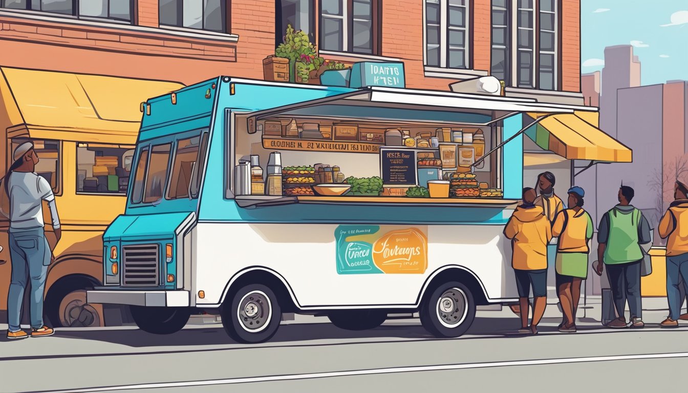 A food truck parked on a bustling street, with a line of customers waiting to order. The truck is adorned with colorful branding and surrounded by signs displaying Minneapolis, Minnesota food truck laws