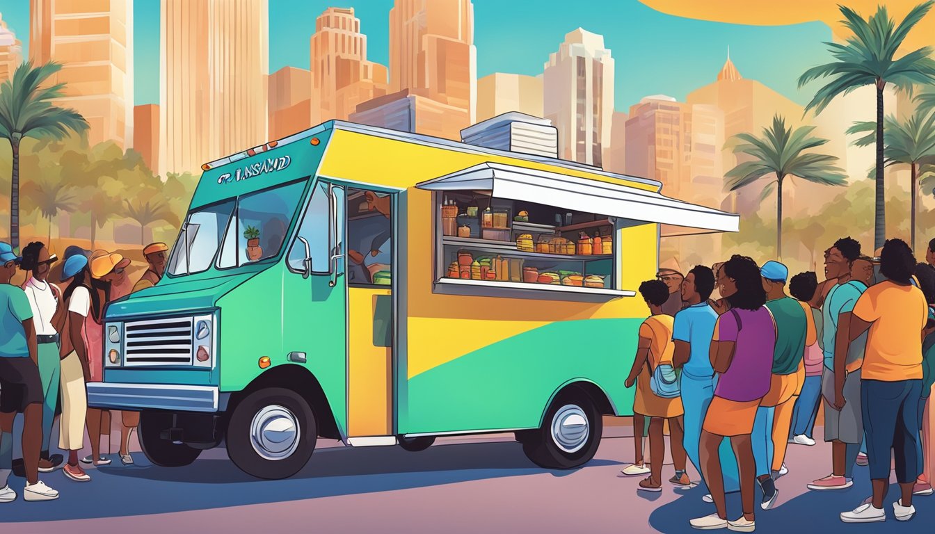 A colorful food truck surrounded by a diverse crowd at a special event in Oakland, California, with a backdrop of city buildings and palm trees