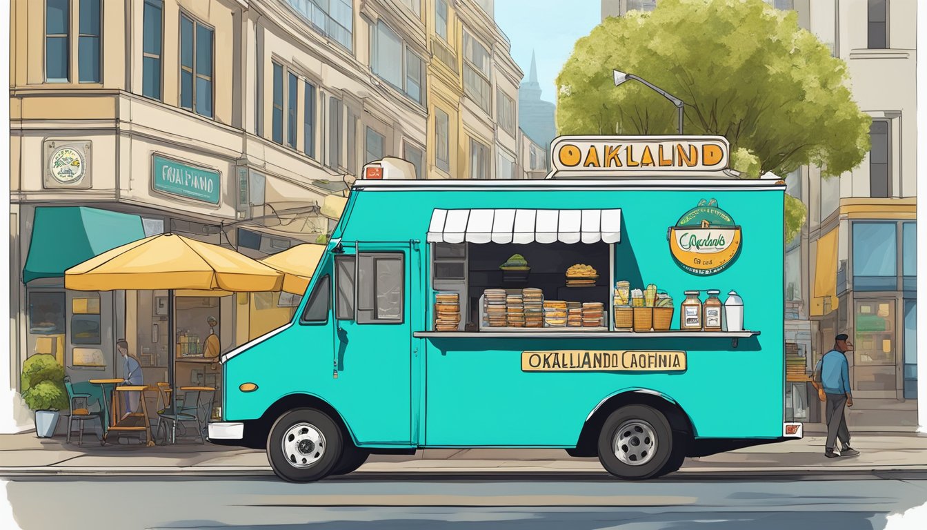 A food truck parked on a city street, surrounded by signs displaying municipal codes for Oakland, California