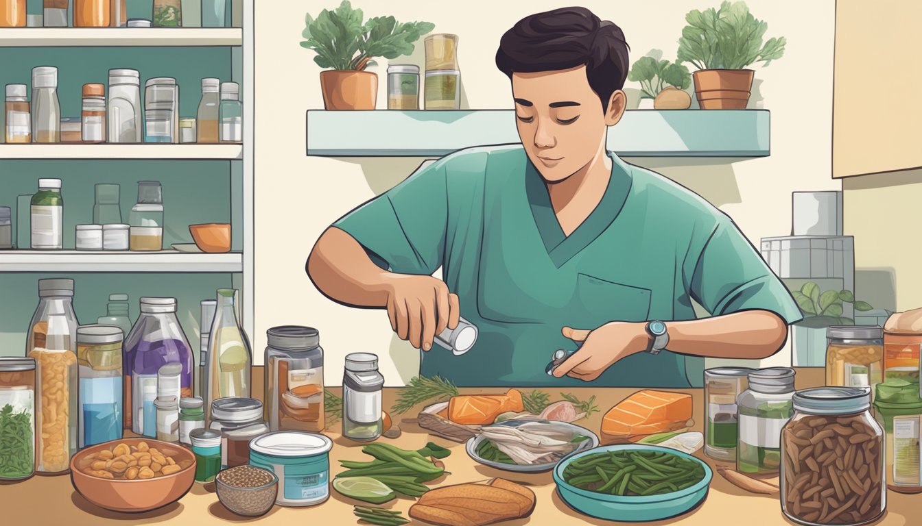 A person with diabetes examining a can of anchovies, surrounded by various food items and medical supplies