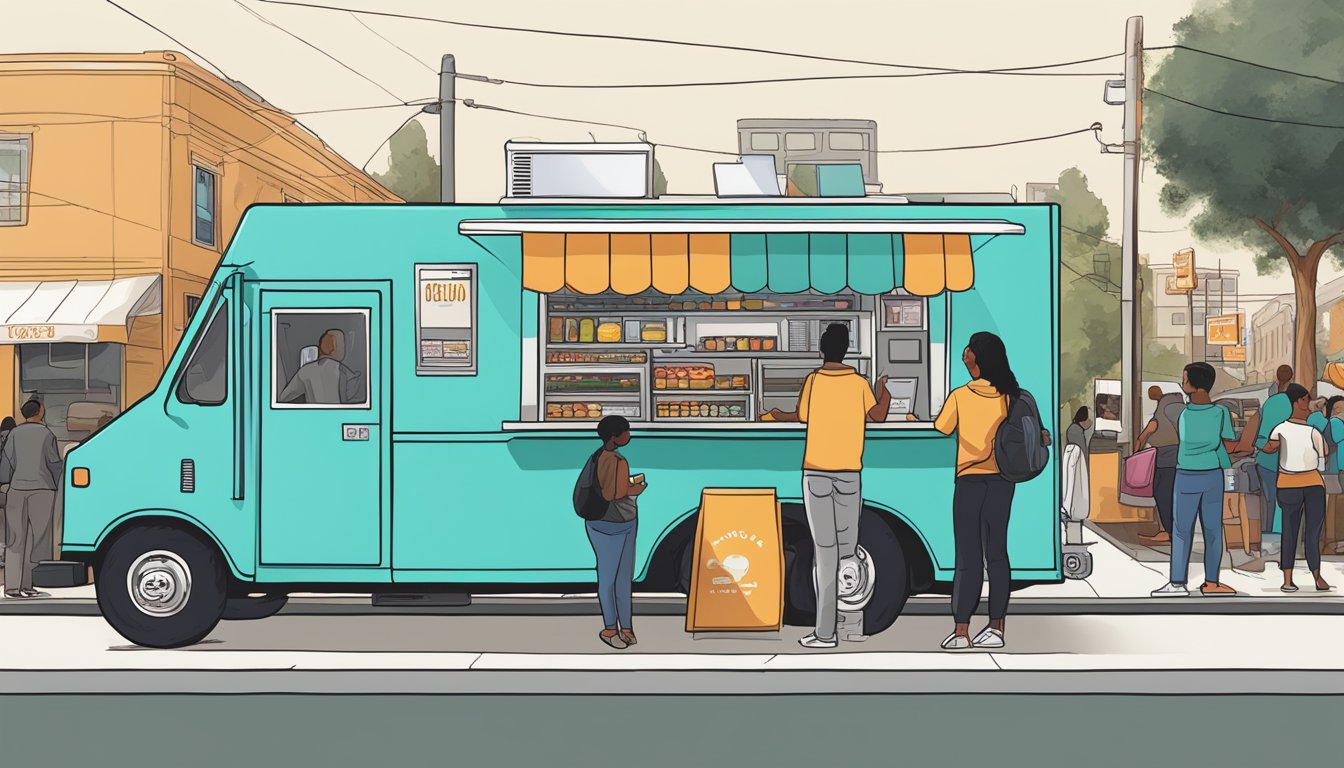 A food truck parked in Oakland, California, with a line of customers waiting to order, while the owner uses technology to manage marketing and comply with local laws