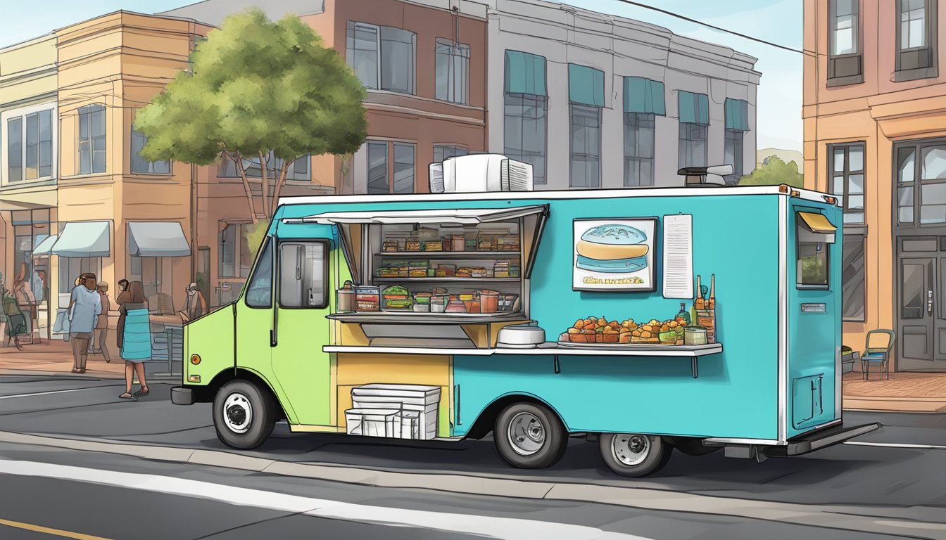 A food truck parked on a street in Virginia Beach, with zoning laws and regulations displayed nearby