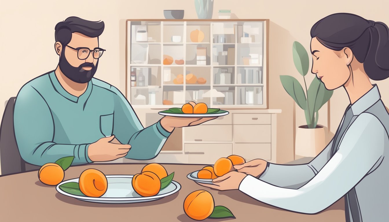 A person with diabetes holding a plate of apricots and a nutritionist explaining their potential impact on blood sugar levels