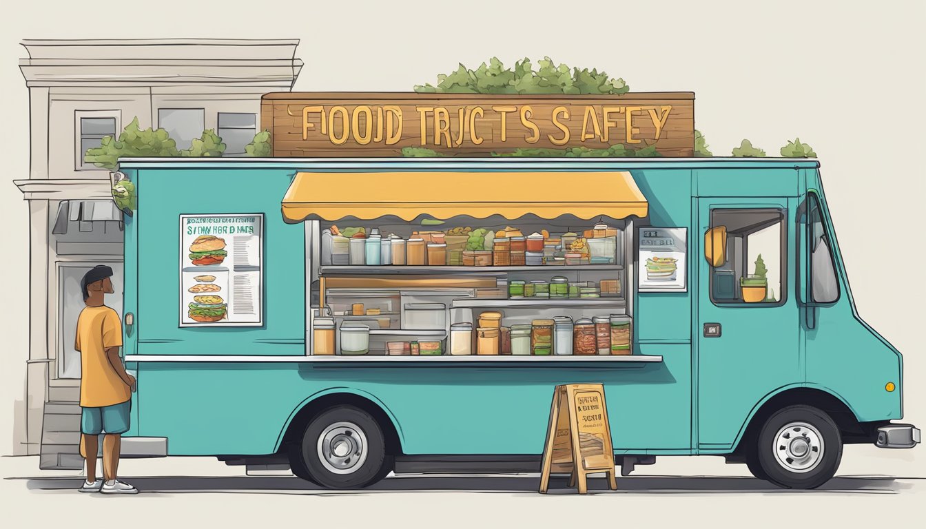 A food truck parked on a bustling street in Virginia Beach, Virginia, displaying visible health and safety regulations and complying with local food truck laws