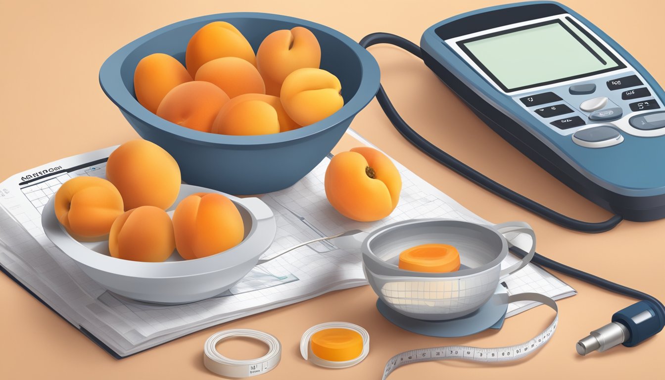 A bowl of apricots surrounded by a tape measure, blood glucose meter, and a diabetes-friendly food guide