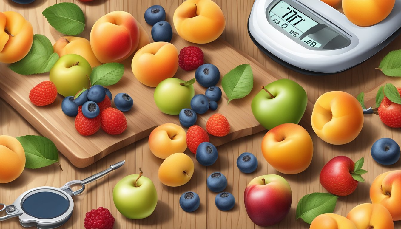 A colorful assortment of apricots, apples, and berries arranged on a wooden cutting board, with a measuring tape and glucose meter nearby