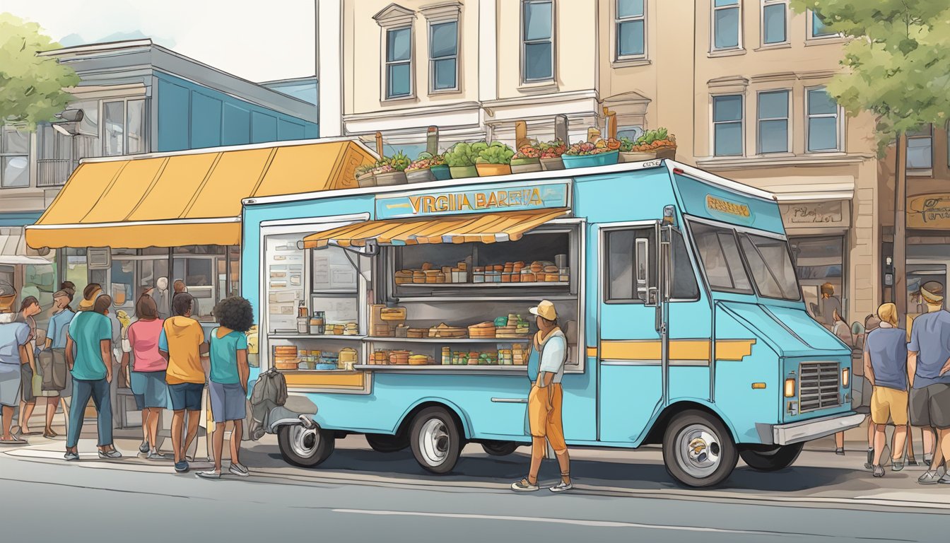 A food truck parked on a bustling street, surrounded by customers and adhering to Virginia Beach's operational guidelines