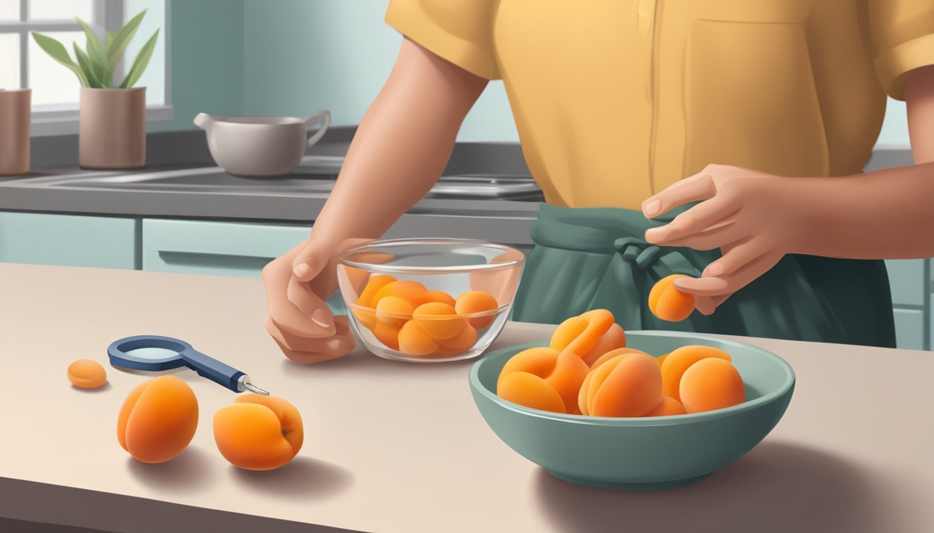 A bowl of apricots on a kitchen counter, with a measuring cup and a sugar jar nearby. A person with diabetes looks at the apricots while holding a glucose monitor