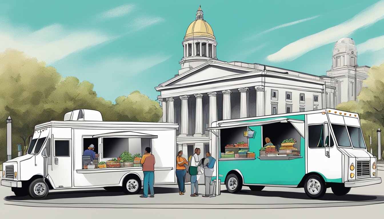 A food truck parked in front of a city hall, with officials discussing regulations and a map of Louisiana displayed on a nearby table