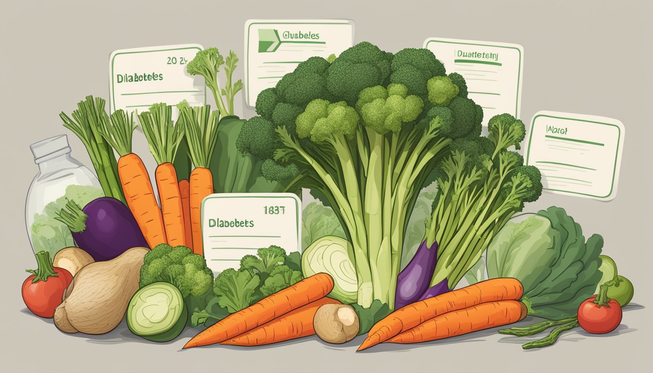 A table with various vegetables including asparagus, carrots, and broccoli, with a diabetes-friendly label