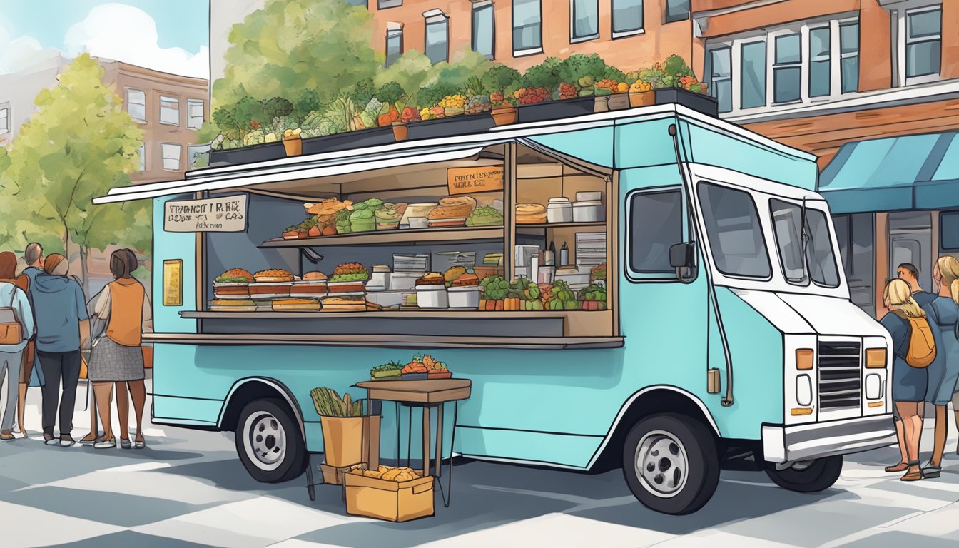 A food truck parked on a city street, surrounded by customers. A sign displays "Regulatory Framework for Food Trucks" and lists Maine food truck laws