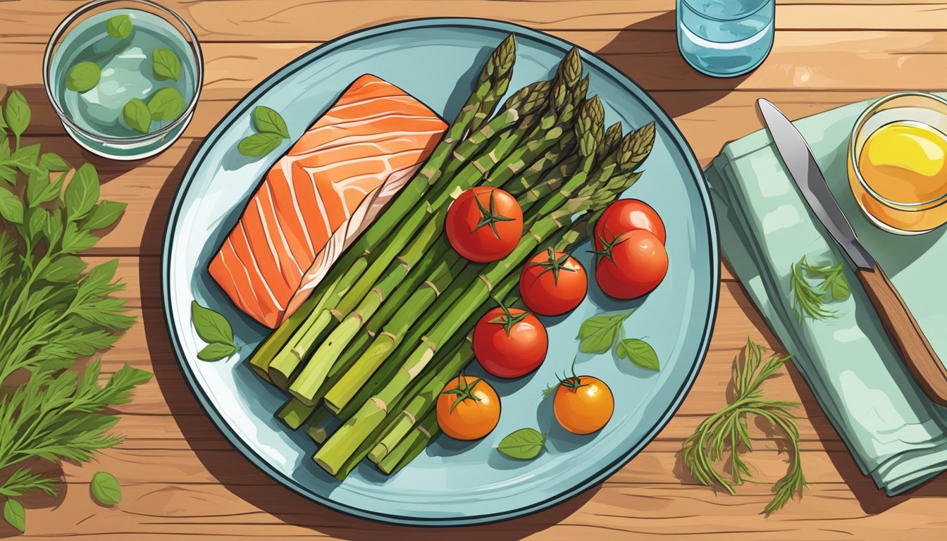 A colorful plate of asparagus, tomatoes, and salmon on a wooden table, surrounded by fresh herbs and a glass of water