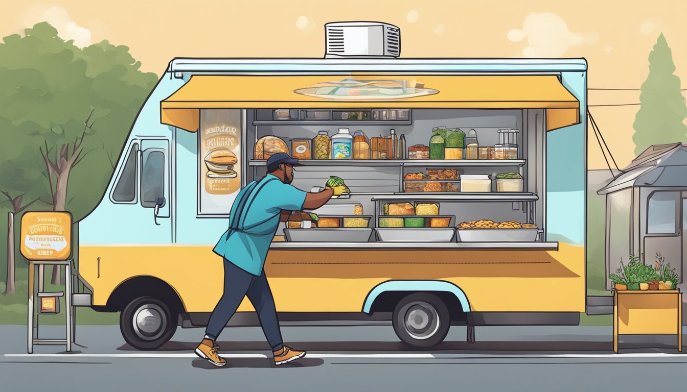 A food truck parked in Maine, with clear signage displaying food safety and handling standards. A worker wearing gloves is seen handling food inside the truck