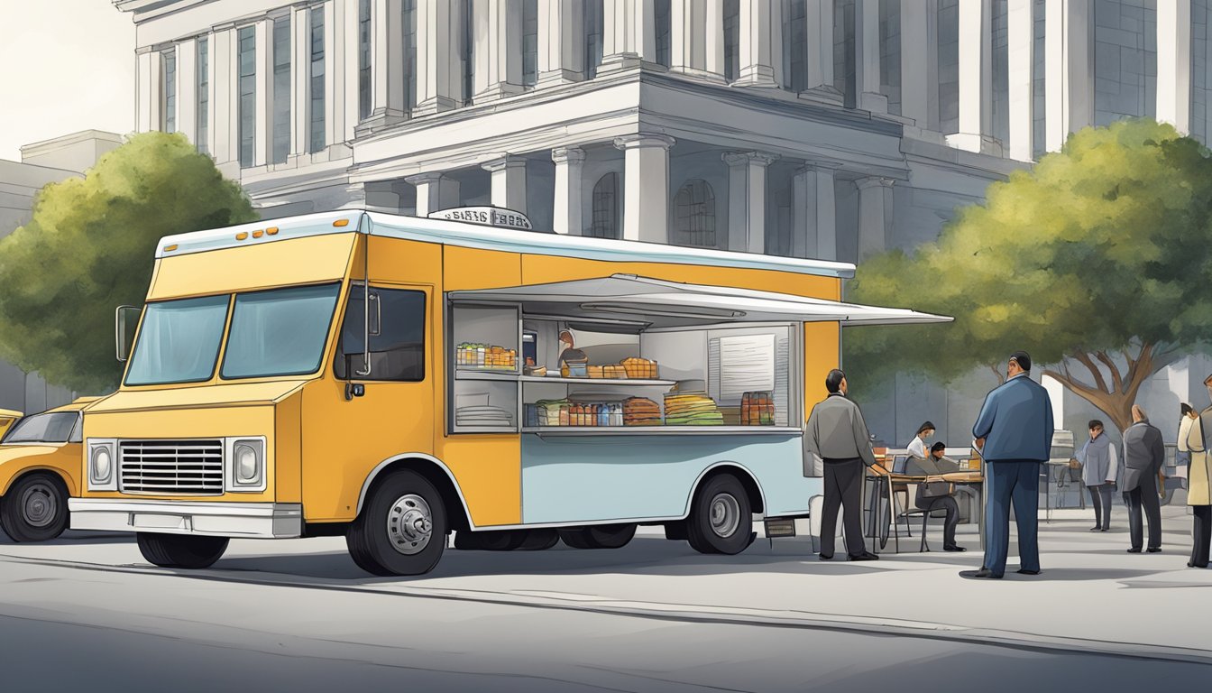 A food truck parked in front of a government building, with officials inspecting and reviewing paperwork