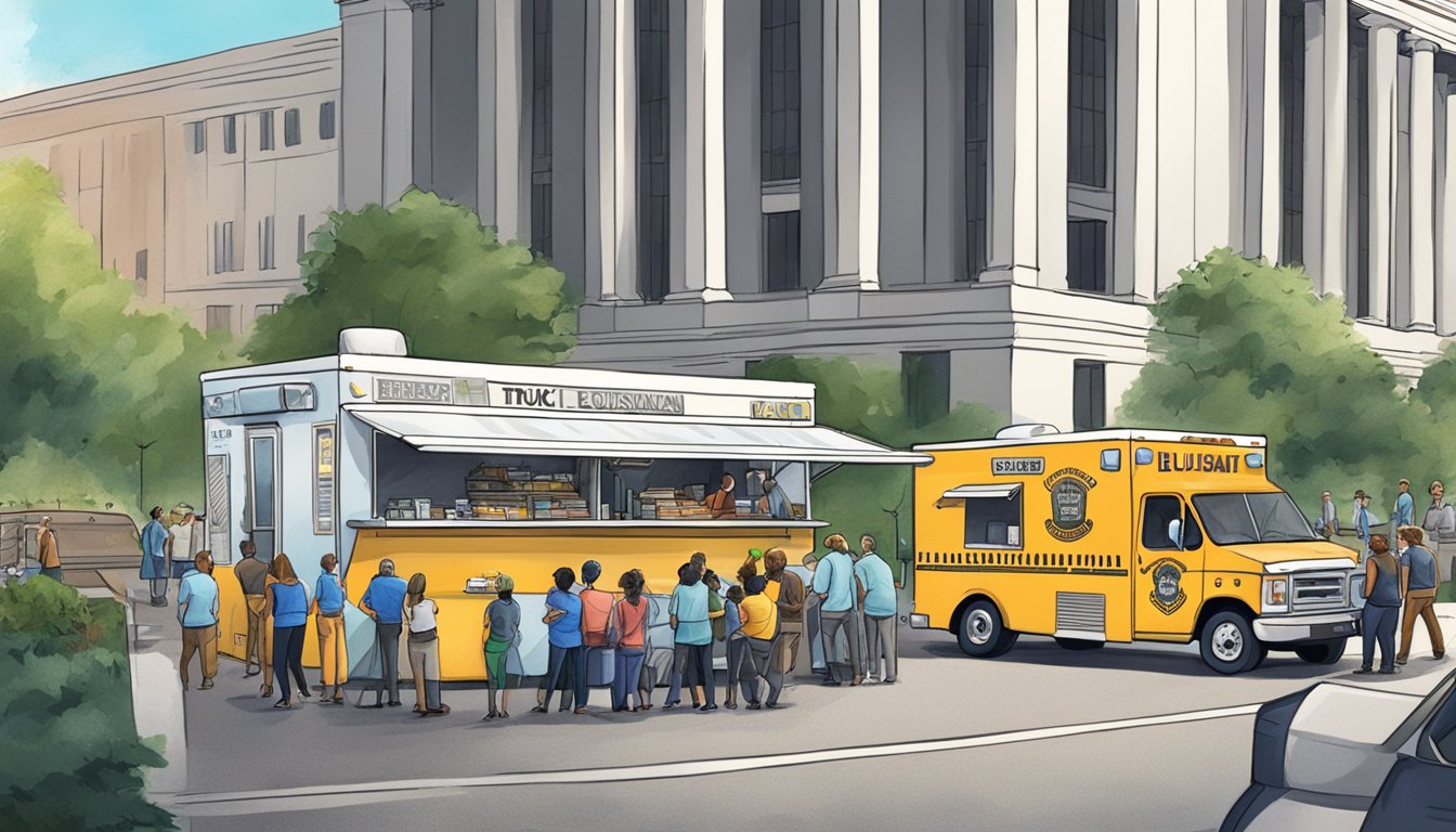 A food truck parked outside a government building, surrounded by emergency vehicles and officials discussing Louisiana food truck laws