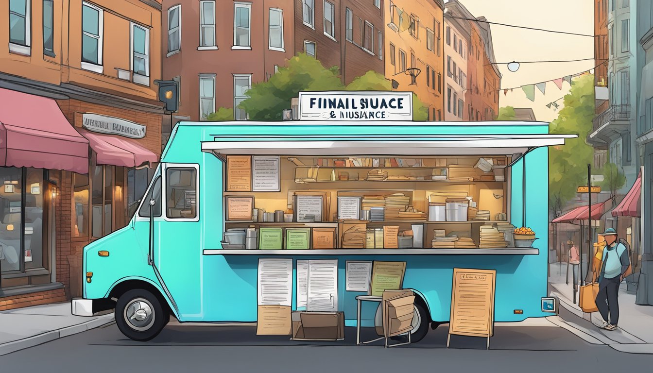 A food truck parked in a bustling Maine city, with a sign displaying financial and insurance considerations, surrounded by legal documents and regulations