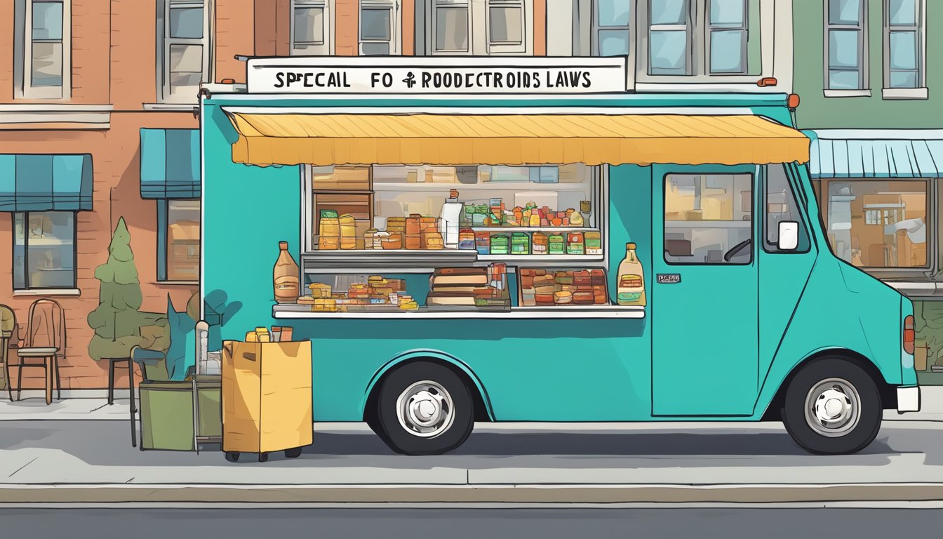 A food truck parked on a bustling street, with a sign displaying "Special Considerations for Food Products" and a map of Maine's food truck laws