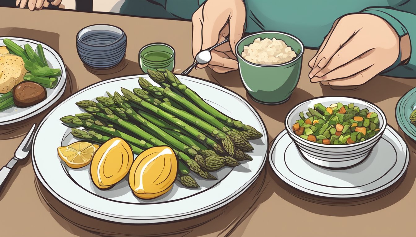 A diabetic person enjoying a meal with a plate of cooked asparagus alongside other diabetic-friendly foods