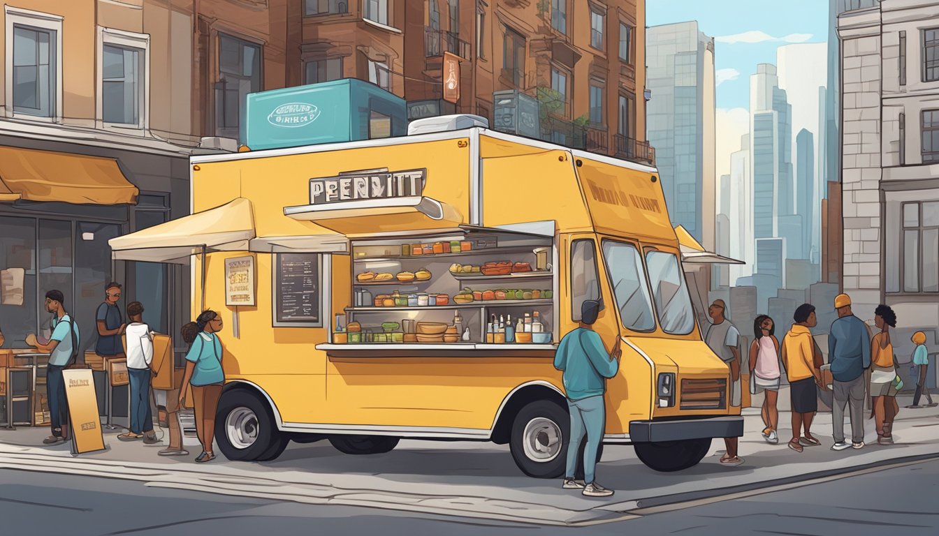 A food truck parked on a city street, surrounded by buildings and a few customers lining up to order. A sign on the truck displays its licensing and permits