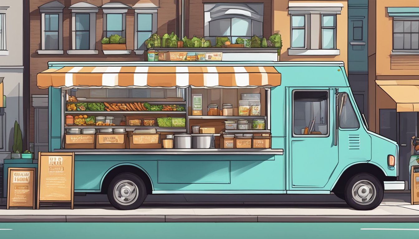 A food truck parked on a city street, surrounded by signs displaying local food laws and regulations. A city official inspects the truck's compliance