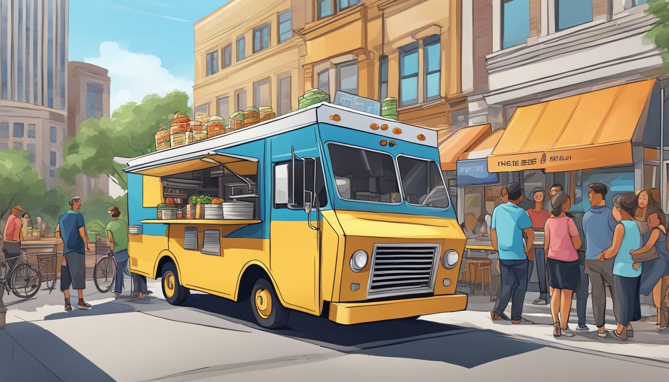 A food truck parked in a busy city street, surrounded by customers and complying with Kansas food truck laws