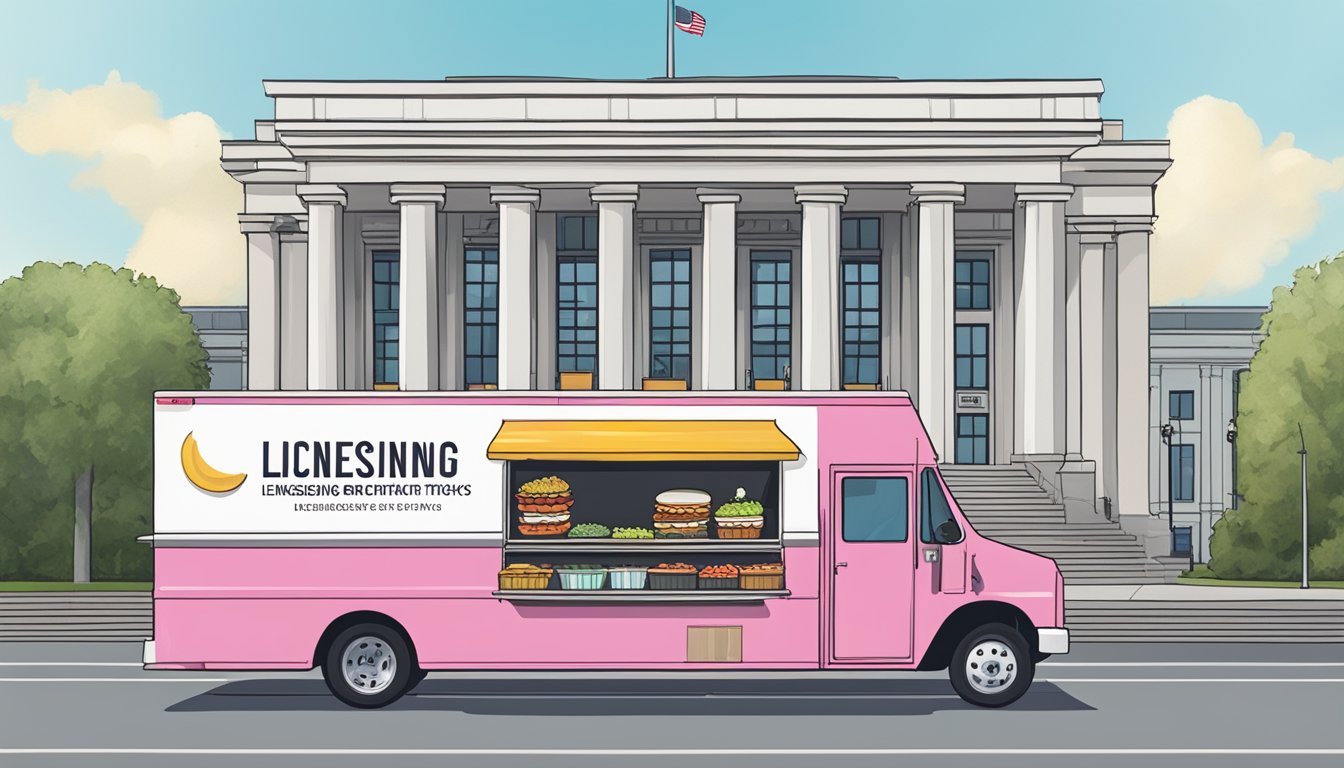 A food truck parked in front of a government building, with a sign displaying "Licensing Requirements for Food Trucks" in the state of Kentucky