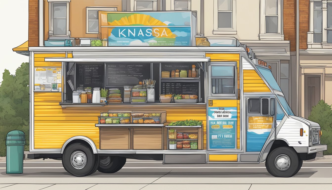 A food truck parked in a designated area with signage displaying Kansas zoning laws