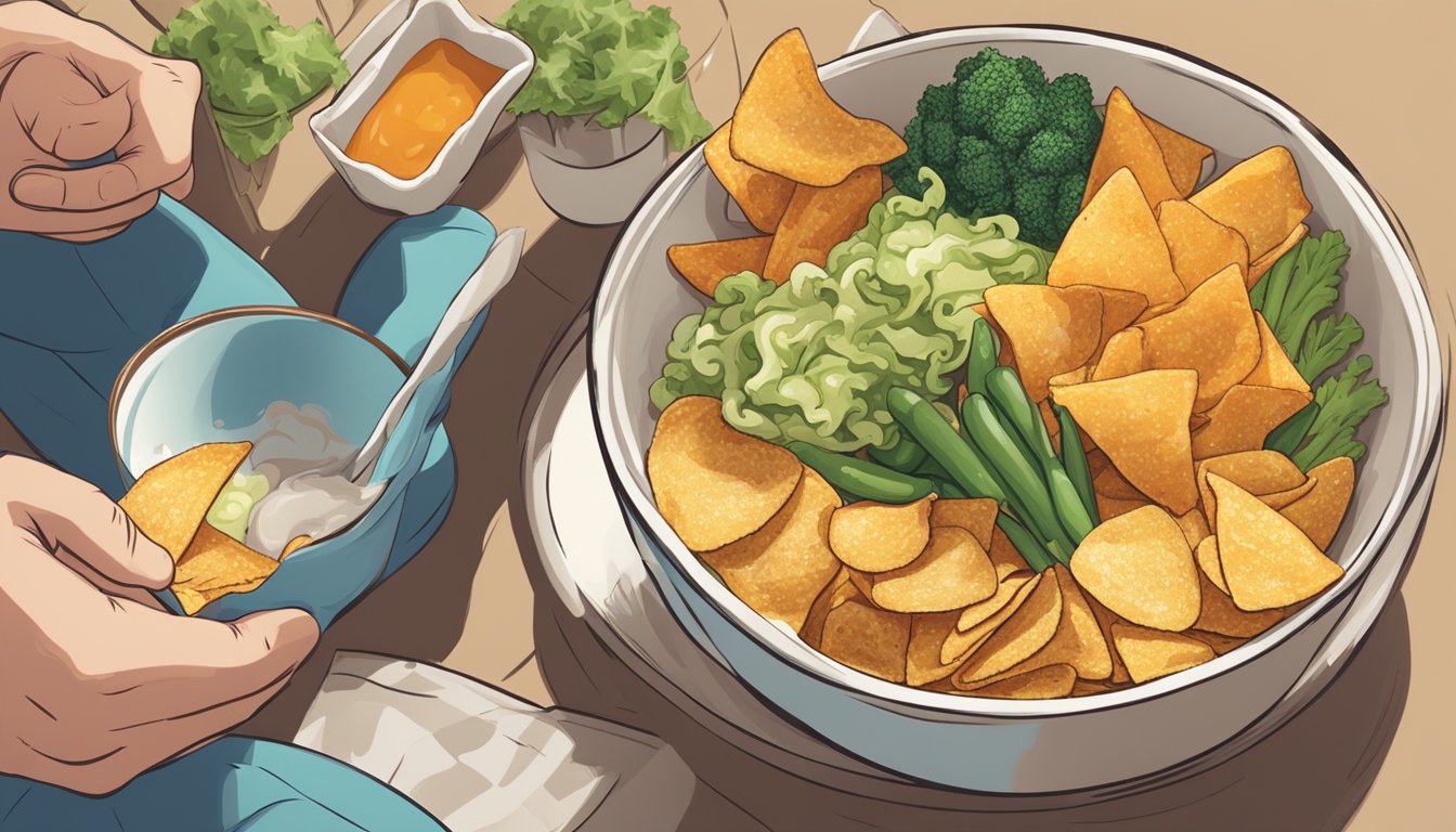 A person with diabetes enjoys a bowl of baked chips alongside a balanced meal of vegetables and lean protein