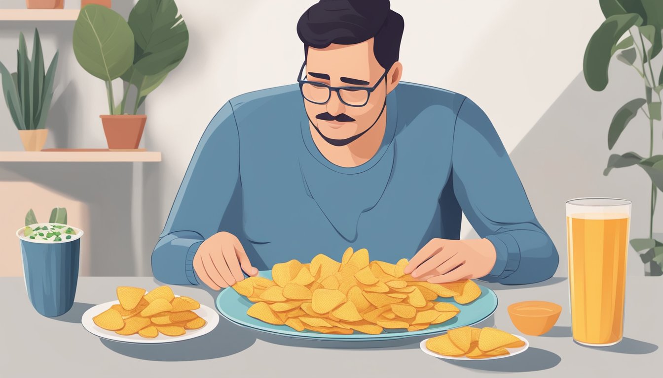 A person with diabetes is sitting at a table with a plate of baked chips and a balanced meal, highlighting the importance of portion control and mindful snacking in a diabetic diet