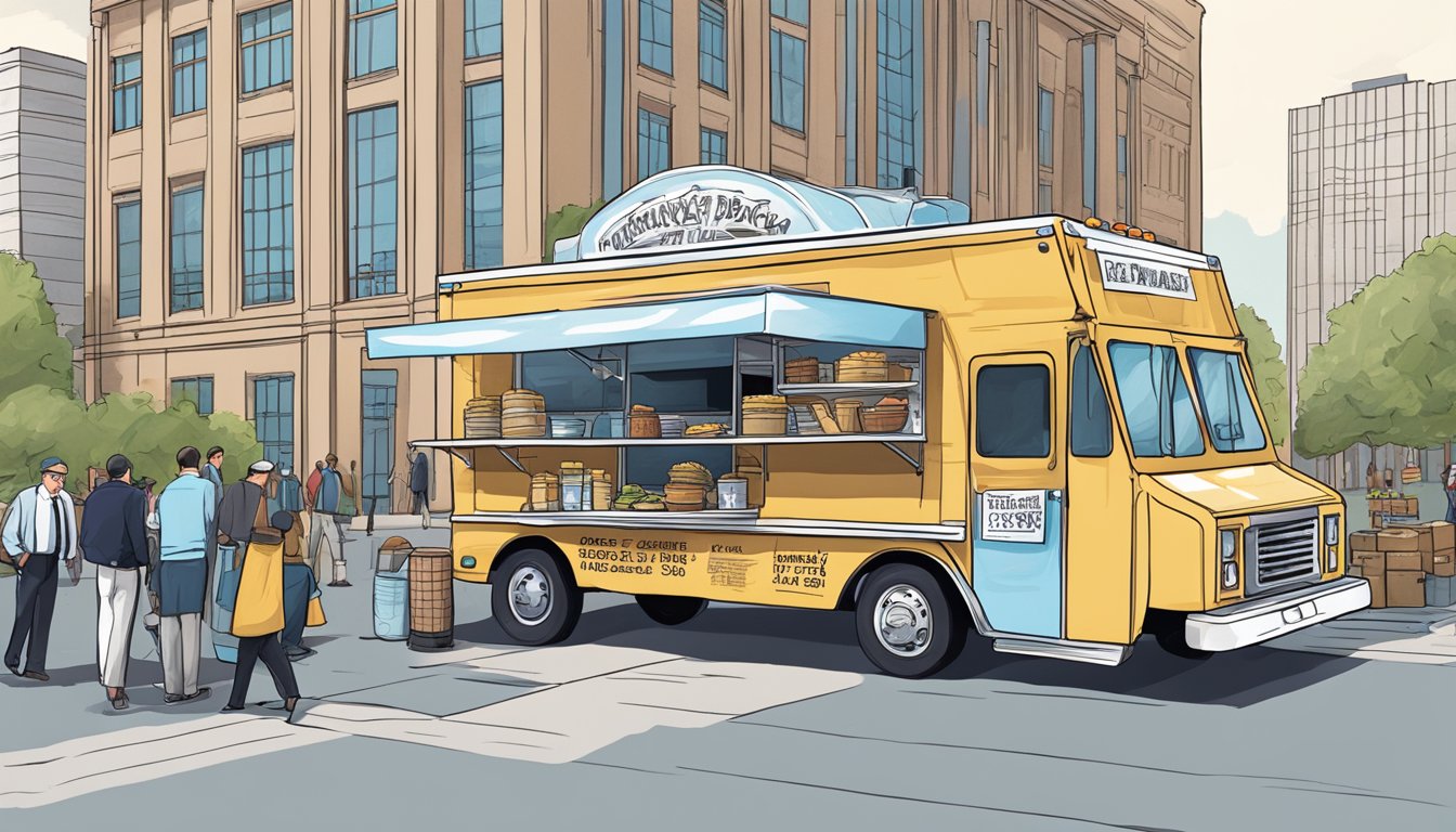 A food truck parked outside a government building, surrounded by officials and a sign displaying Kentucky food truck laws