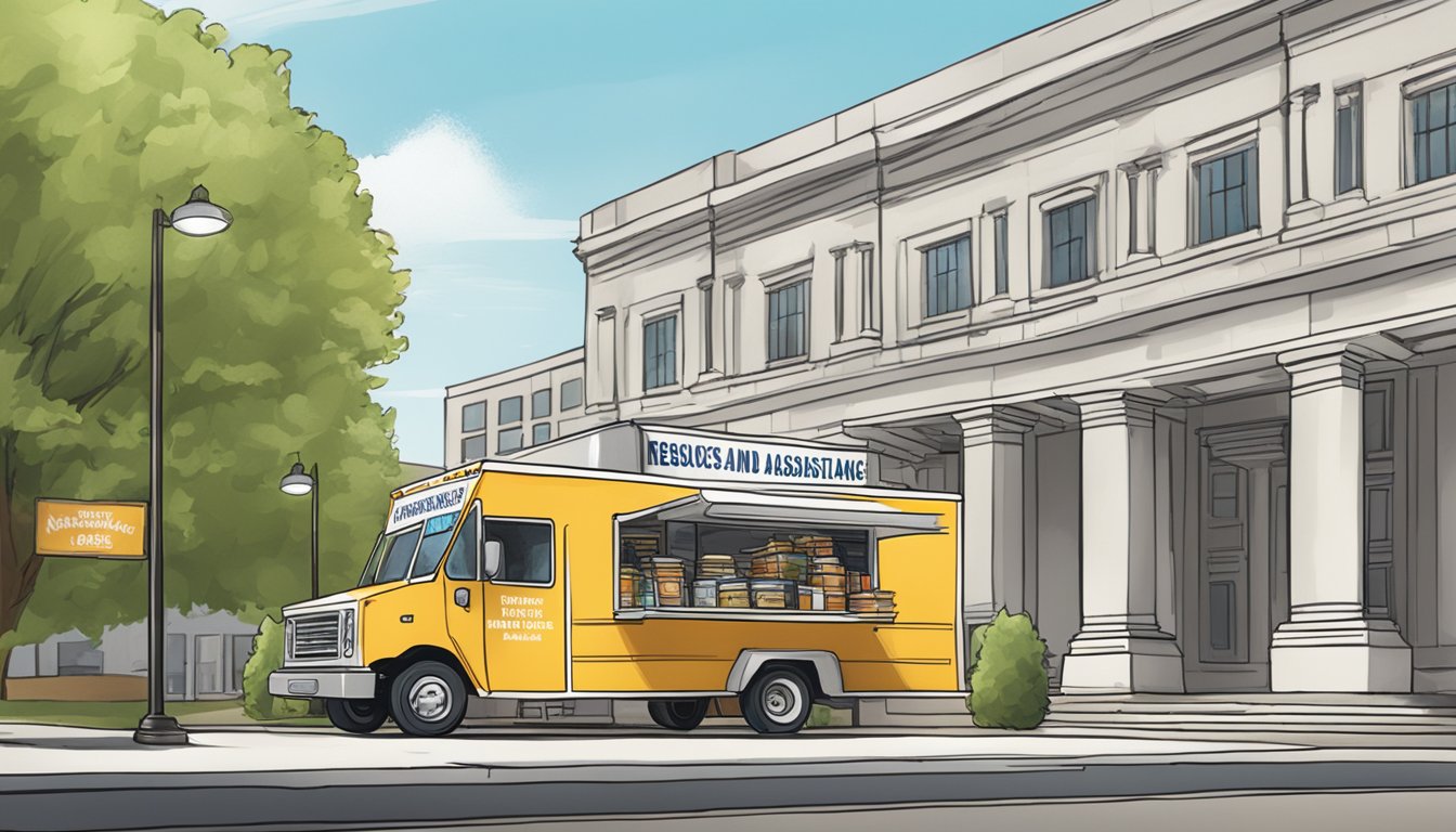 A food truck parked in front of a government building with a sign displaying "Resources and Assistance food truck laws in Kansas"