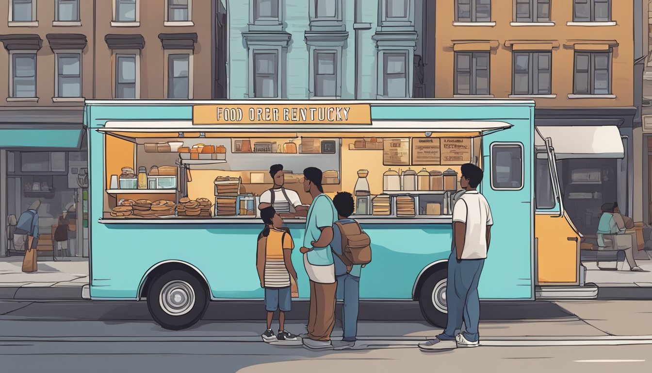 A food truck parked on a city street, with a line of customers waiting to order. A sign displays the operational guidelines for food trucks in Kentucky