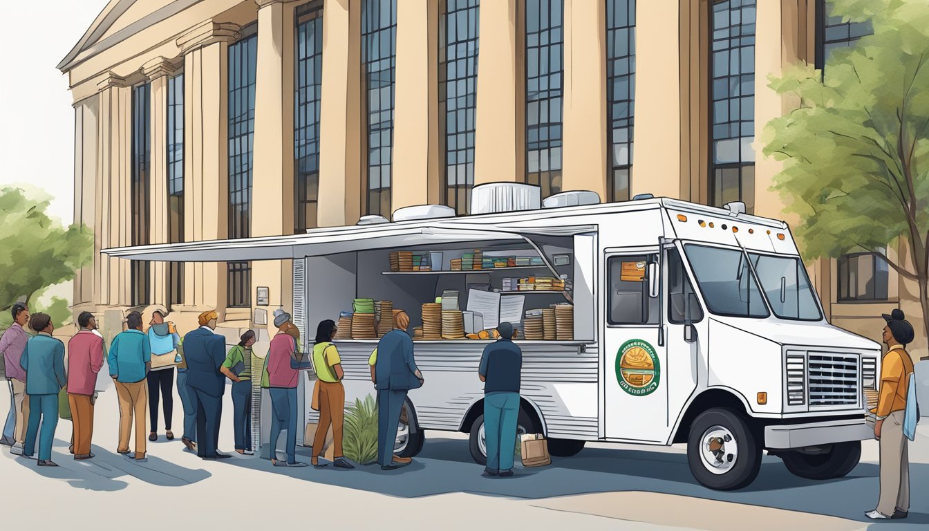 A food truck parked outside a government building in Kentucky, with a stack of legal documents and a group of officials discussing regulations