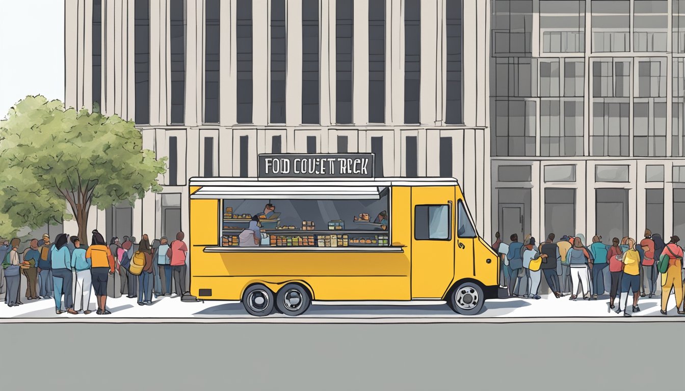 A food truck parked outside a government building, with a line of people waiting to receive training and certification on Kentucky's food truck laws