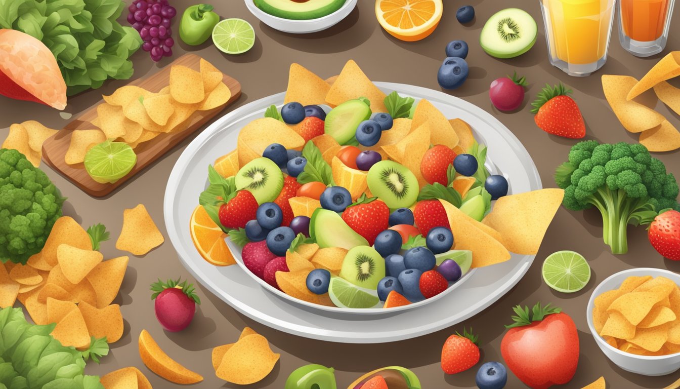 A diabetic person enjoying a bowl of baked chips with a variety of colorful and healthy toppings, surrounded by a selection of fresh fruits and vegetables