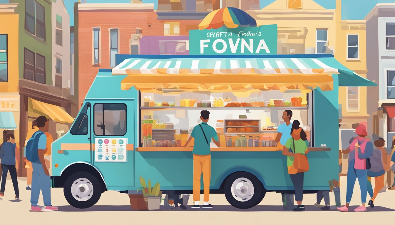 A food truck parked at a bustling Iowa street fair, surrounded by eager customers and colorful signage