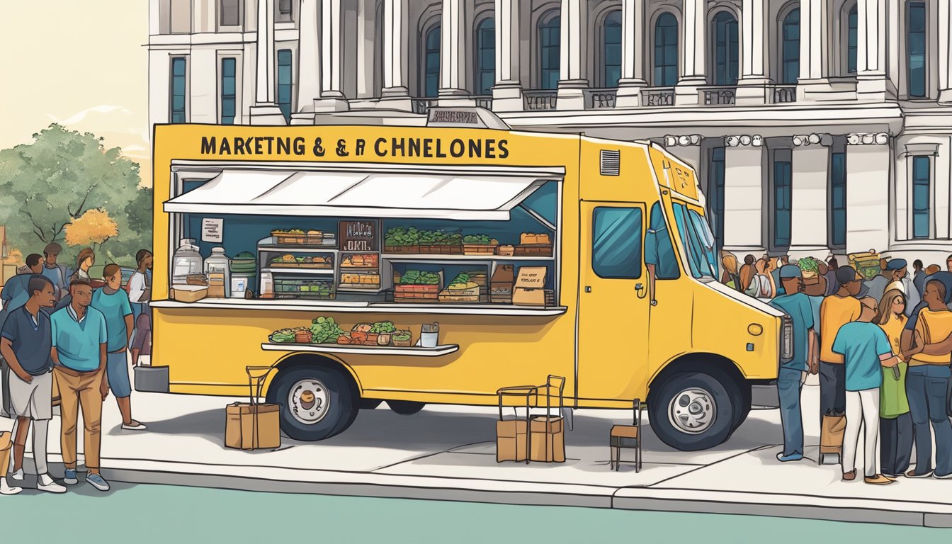 A food truck parked outside the Iowa State Capitol, surrounded by a crowd of people and a sign displaying "Marketing and Customer Relations food truck laws in Iowa."